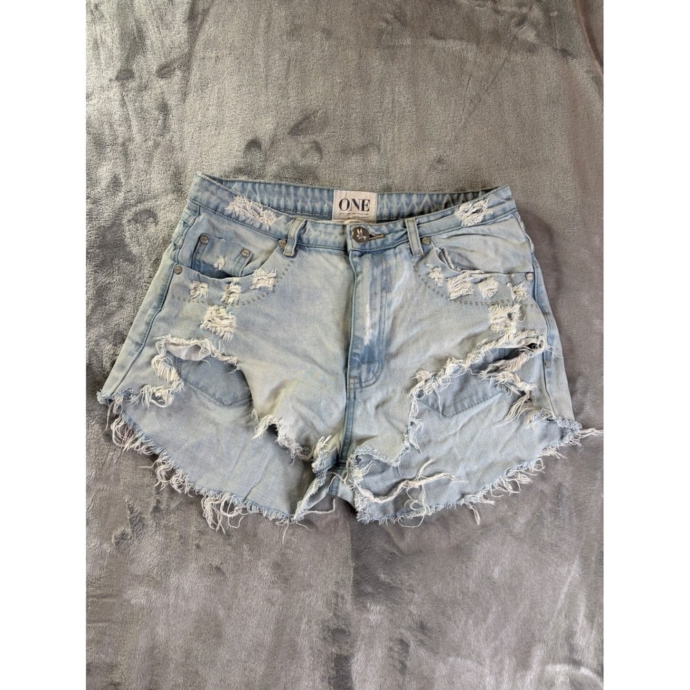 One Womens Distressed Denim Cut Off Shorts Light Wash Blue Raw Hem